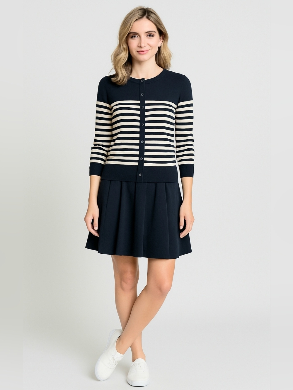 Lands End Women's Navy‎ and Cream Striped Button Down Long Sleeve Cardigan S